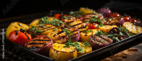 Appetizing mix of grilled vegetables served on a hot plate, highlighting a nutritious and tasty meal choice.
