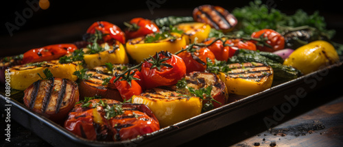 Appetizing mix of grilled vegetables served on a hot plate, highlighting a nutritious and tasty meal choice.
