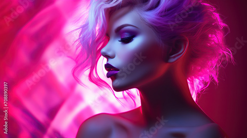 Striking Woman with Blonde Hair in Pink Neon Lights
