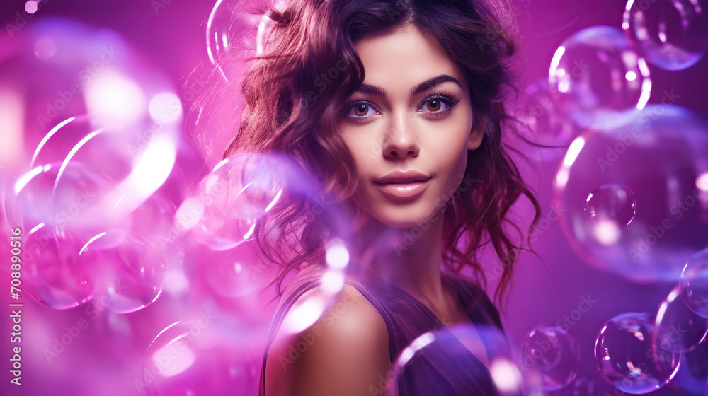 Young Woman with Glowing Bubbles on a Pink Background