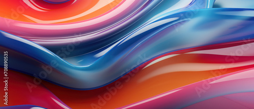 Close-up of an abstract 3D plastic shape with vibrant waves and curves on a dynamic background.
