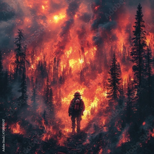 fire fighter in burning forest