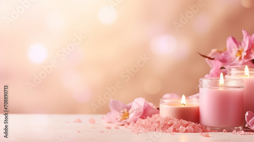 Spa Concept with Aromatic Candles massage copy space banner in pink pastel colors decorated with flowers,