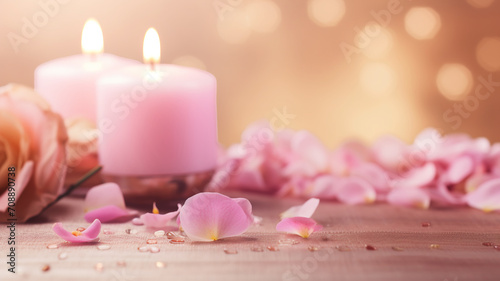 Spa Concept with Aromatic Candles massage copy space banner in pink pastel colors decorated with flowers 