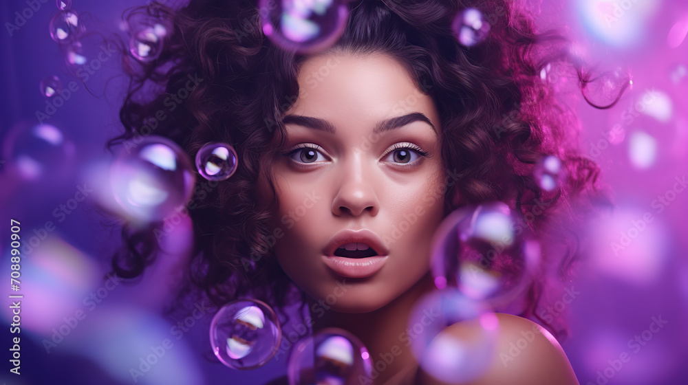 Beautiful woman surrounded by bubbles with dreamy gaze