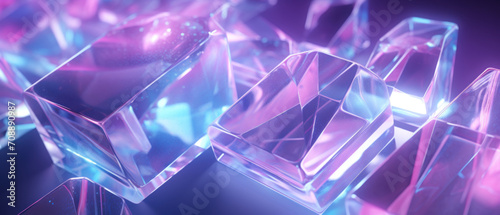 Futuristic 3D glass crystal close up, featuring iridescent facets in purple and blue hues.