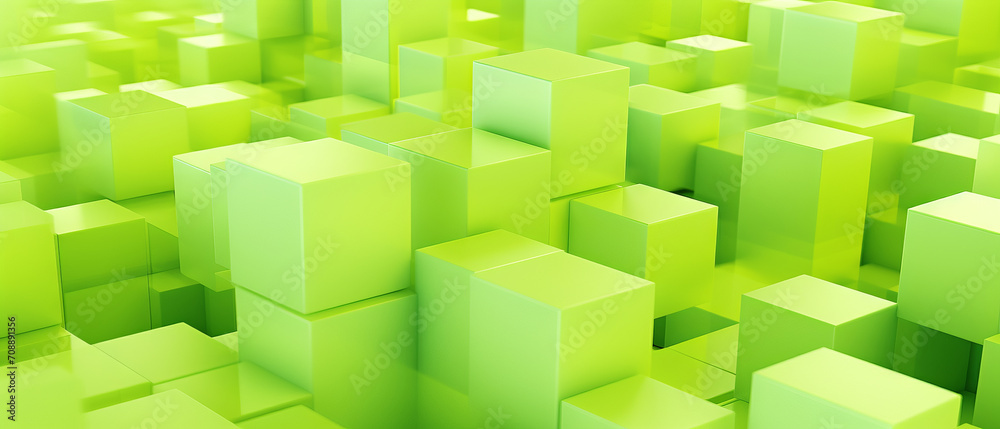 Naklejka premium Bright acid green 3D cubes with a polygonal structure, offering a fresh, geometric perspective.
