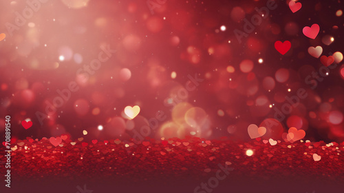 Valentines day background banner greeting card illustration template texture - Abstract panorama background with red fallen glitter and bokeh lights - concept love, romance, wedding, christmas 