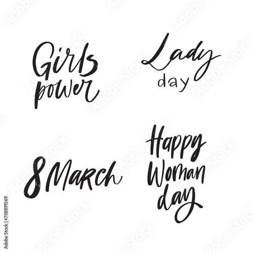 Lettering handwriting brush pen phrases Happy Woman Day. Vector scripts