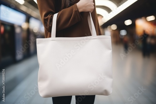a woman carrying a tote bag. plain canvas tote bag mockup photo