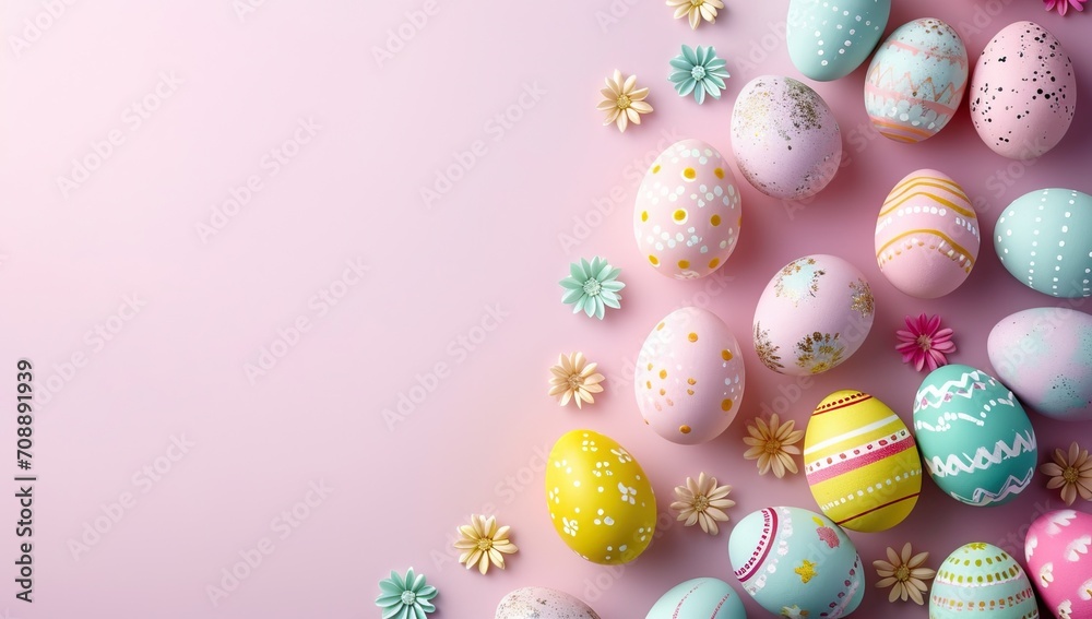 Colorful easter eggs with flowers on pastel pink background.