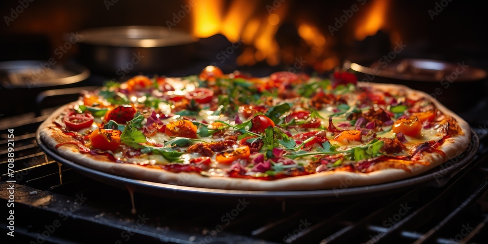 Pizza with tomatoes, mozzarella and arugula in the oven Pizza with tomatoes, mozzarella and arugula in the oven