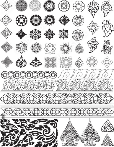 Line Thai set ornament flora graphic design. Thai Definition and Thai painting vector set. Black and white logo or icon collections illustration. Set of vintage vector ornament, icons and labeles.Thai