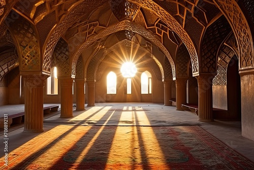 Sunset illuminating an ornate mosque interior
