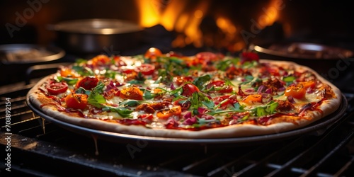 Pizza with tomatoes, mozzarella and arugula in the oven