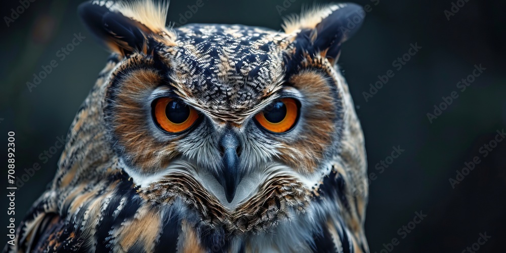 A close up of a majestic owl with intense orange eyes A close up of a majestic owl with intense orange eyes