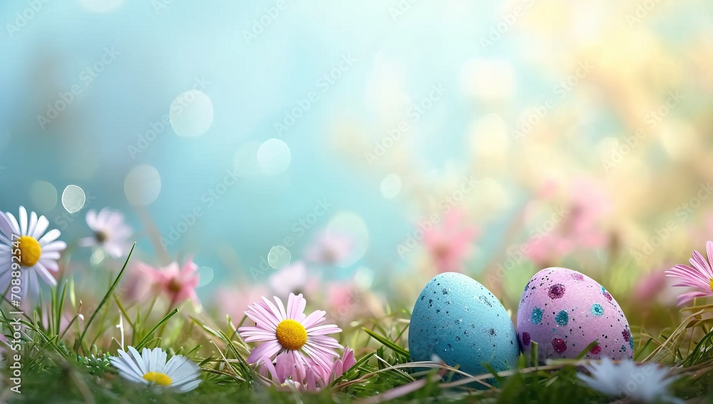 Easter eggs on green grass with daisies and bokeh