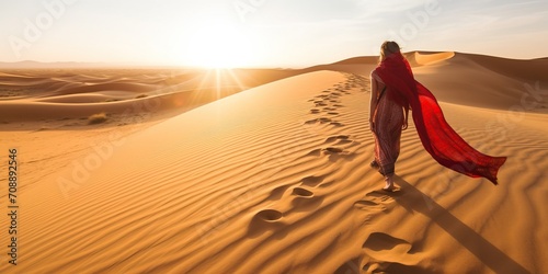 A woman in red fabric walking through the desert at sunrise photo