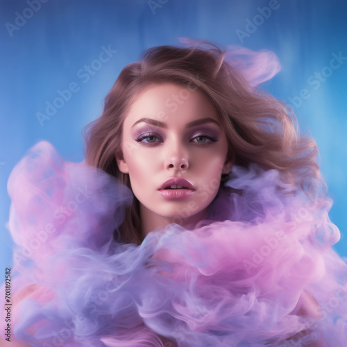 Young woman surrounded by a purple pink cloud of smoke on isolated pastel blue background. Abstract fashion concept. Close-up portrait of top model 