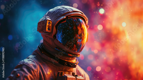 portrait of a floating astronaut in space with a colorful nebula reflection in his visor and a colorful nebula bokeh in the background, space travel concept