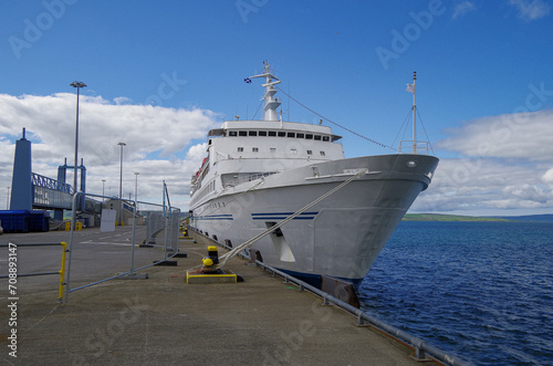 Classic cruiseship cruise ship liner Delphin in Kirkwall port, Orkney Islands in Scotland on sunny summer day port of call