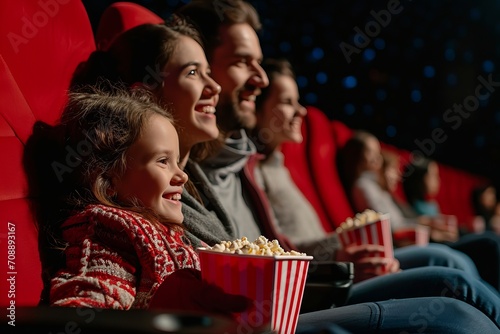 Happy family with popcorn in the cinema auditorium. AI generative