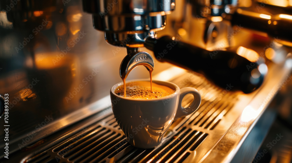 Close-up of an espresso machine brewing fresh coffee into a cup. Close-up of an espresso machine brewing fresh coffee into a cup.