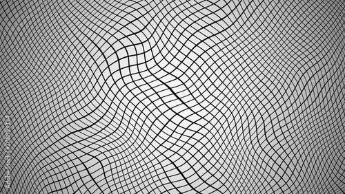 a wavy, grid-like pattern on a grayscale background. the intersecting lines create a distorted, optical illusion effect, giving the appearance of a three-dimensional, undulating surface.