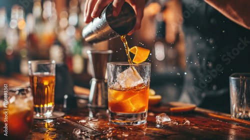 Close-up of a bartender pouring whiskey into a glass with ice cubes photo