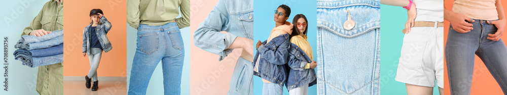Collage of people in stylish jeans clothes on color background Collage of people in stylish jeans clothes on color background