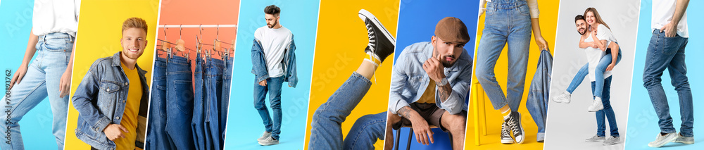 Collage of young people and stylish jeans clothes on light background Collage of young people and stylish jeans clothes on light background