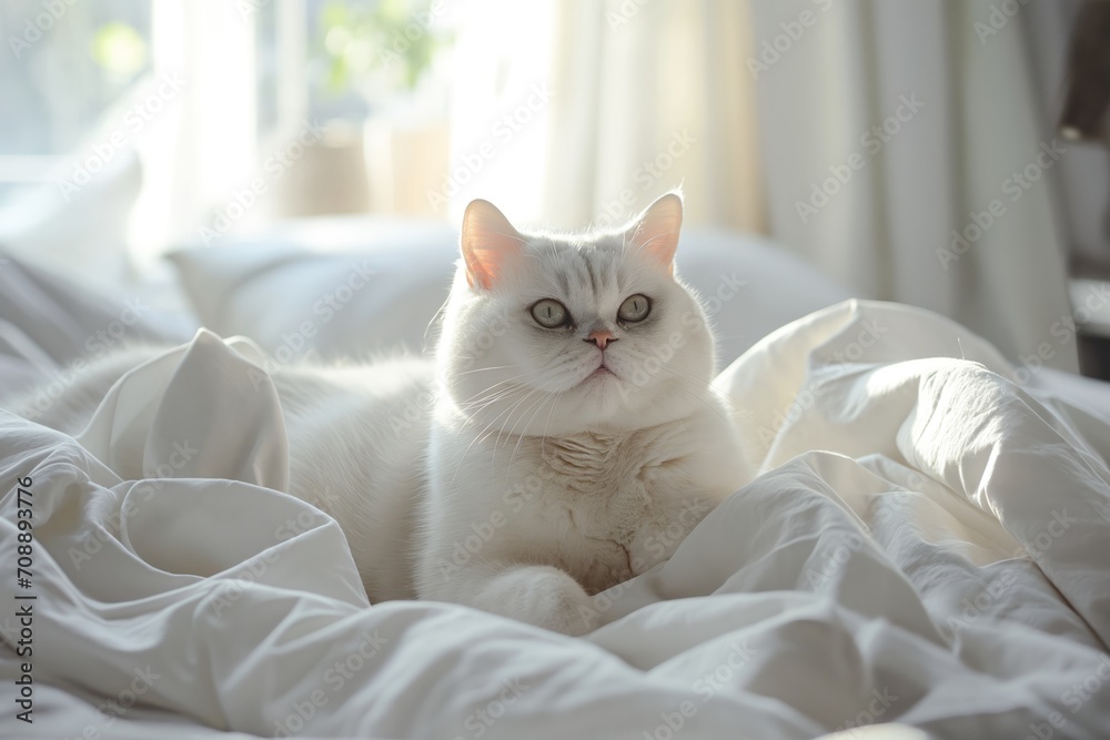 A beautiful white British cat lies on a bed on a white sheet in sunlight. Luxury modern interior