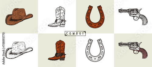 Set of cowboy elements with, hat, boots,  horseshoe saddle, revolver, and headscarf. Various objects. Cowboy theme. Set Collection Hand-drawn Western Illustration vector photo