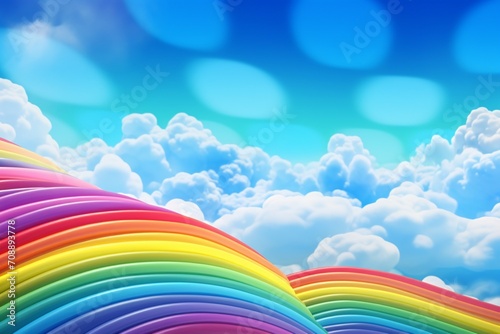 A background filled with rainbow hues against a blue sky