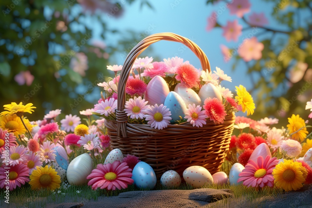A basket filled with Easter eggs against a backdrop of flowers A basket filled with Easter eggs against a backdrop of flowers