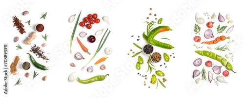 Collage of fresh green vegetables with herbs and spices on white background, top view