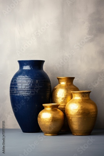 Old style vase and pot, navy blue and golden colors