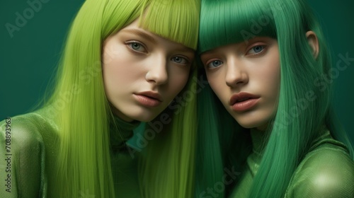 Beautiful ladies with green clothes and hairs in different color shades posing together and looking at the camera