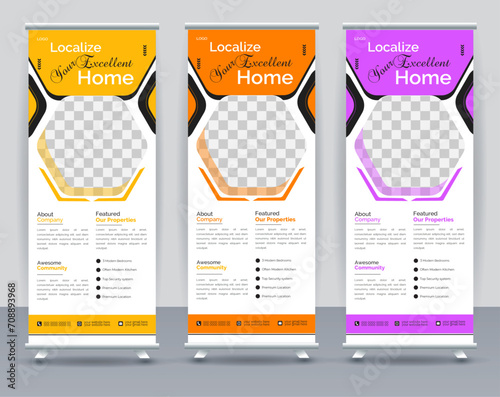 Corporate real estate roll up banner or pull up banner design template premium vector, Real estate roll up or pull up banner design template Stand banner layout
