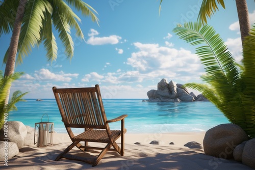 A beach scene with a chair and palm trees in the distance