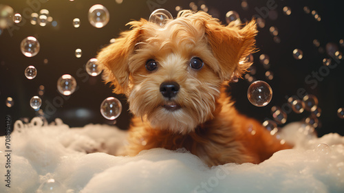Cute Puppy Enjoying Bubble Bath Grooming washing service for domestic animals pets.