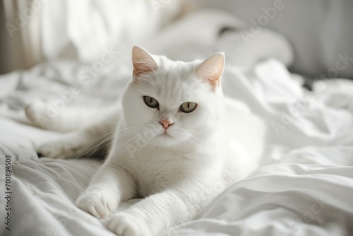 A beautiful white British cat lies on a bed on a white sheet in sunlight. Luxury modern interior © Darya Lavinskaya