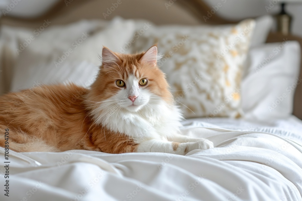 A beautiful ginger fluffy cat lies on a bed on a white sheet in sunlight. Luxury modern interior