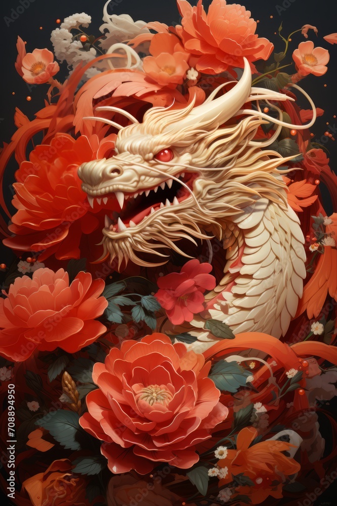 An exquisite art piece capturing a powerful year of the golden dragon entwined with lush red blossoms, symbolizing strength and prosperity, ideal for cultural and fantasy theme for Chinese New Year