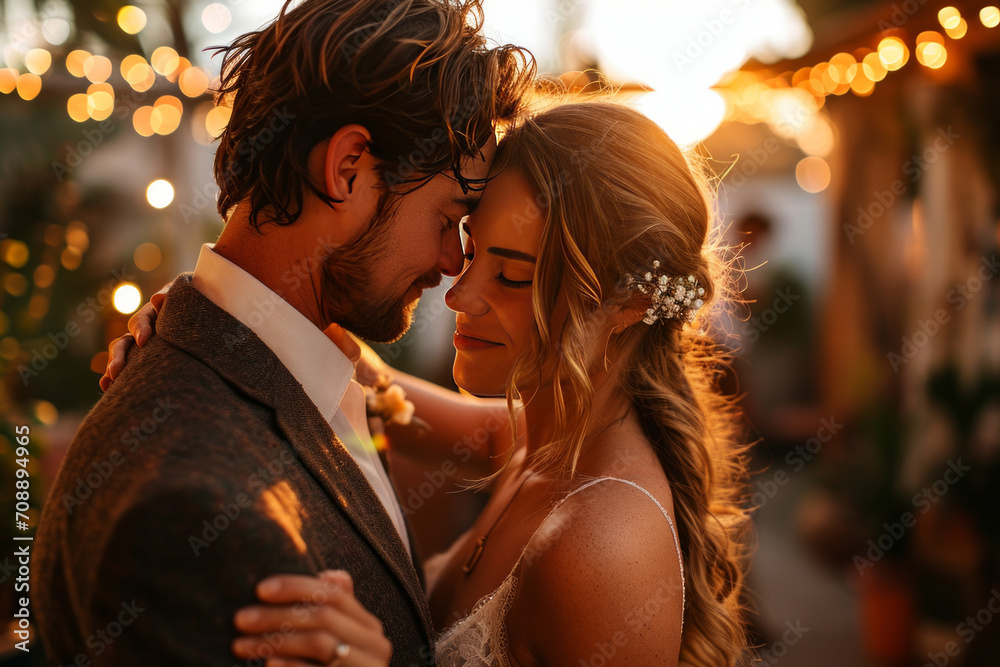 Candid wedding portrait capturing a tender embrace between bride and groom, bathed in the golden glow of romantic sunset, encapsulating the essence of romance and celebration