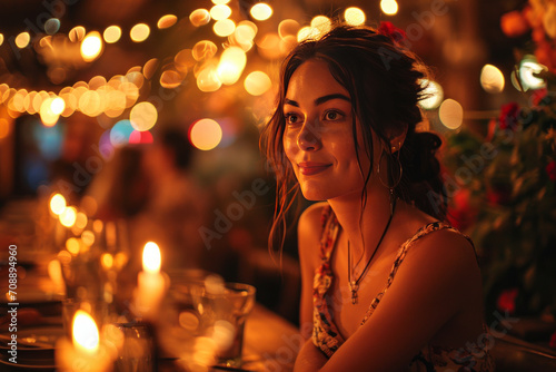 A serene woman in the soft, warm glow of candlelight, her face framed by bokeh lights that capture the enchanting essence of a festive garden party on a tranquil summer evening