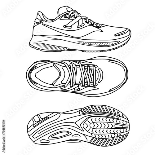 Template vector Men's Running Tennis Shoes, suitable for your custom Walking Sneakers design, outline vector doodle illustration, side, top, and bottom view, isolated with white background.