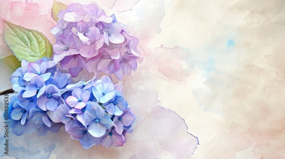 Hydrangeas: Represent heartfelt emotions and gratitude, valentine theme, watercolor, copy space.
