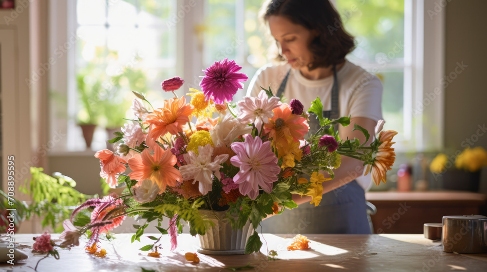 The Professional Artistry in the Step-by-Step Process of a Skilled Flower Florist - A Portrait of Female Shop Owner Crafting Beautiful Bouquets in a Modern Floral Composition The Professional Artistry in the Step-by-Step Process of a Skilled Flower Florist - A Portrait of Female Shop Owner Crafting Beautiful Bouquets in a Modern Floral Composition