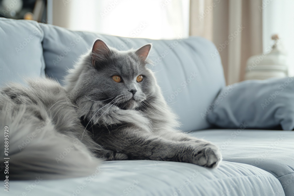 A beautiful grey fluffy cat sitting on the sofa in a modern, minimalistic living room